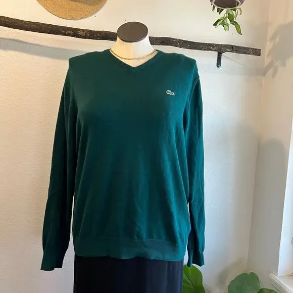 Lacoste Green Unisex V Neck 100% Cotton Pullover Sweater Size XL
